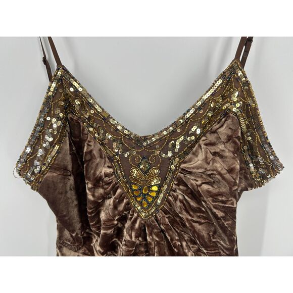 VTG Y2K Wet Seal Gold Brown Mesh Velour Sequin Beaded Cami Size XL Tank Top - Picture 3 of 5